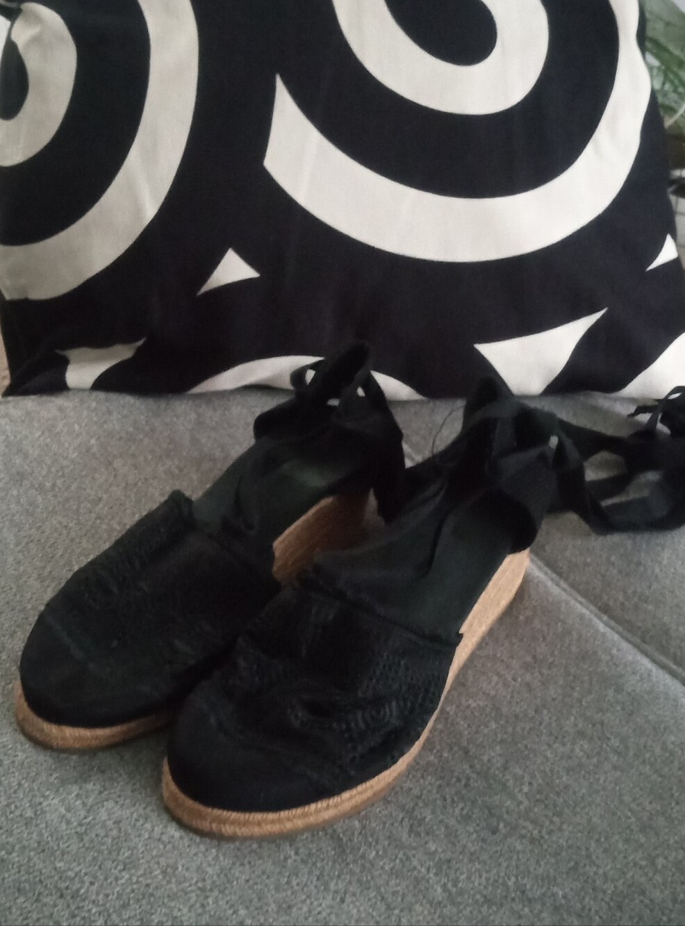 Black Lace Espadrille Wedge Sandals with Ankle Tie - Women